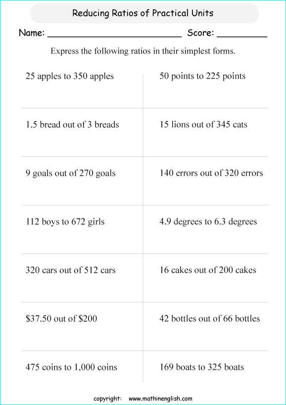 simplifying ratios math worksheets for grade 1 to 6 