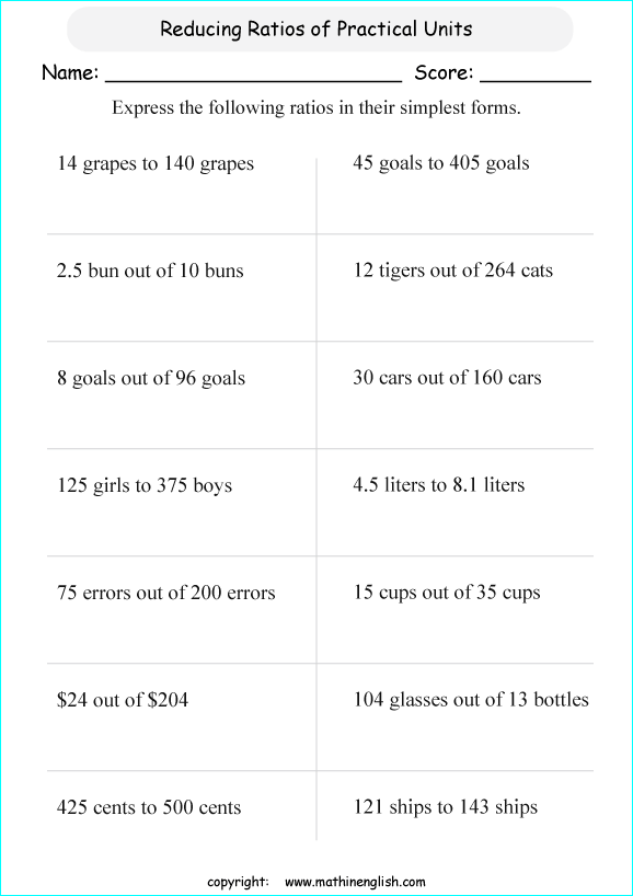 simplifying ratios math worksheets for grade 1 to 6 