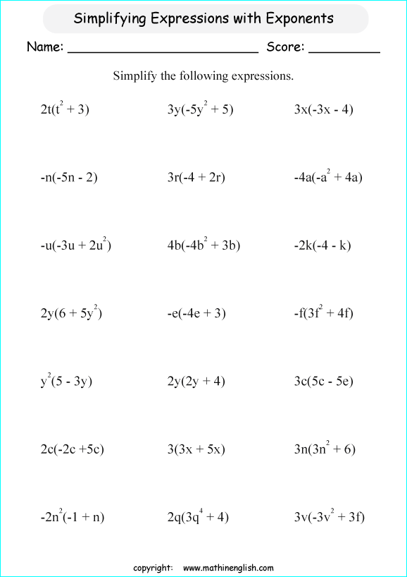 symplifying algebraic expressions worksheets for primary math