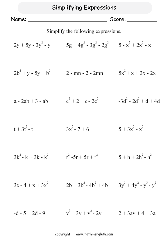 symplifying algebraic expressions worksheets for primary math