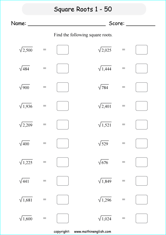 finding square roots math worksheets for grade 1 to 6 