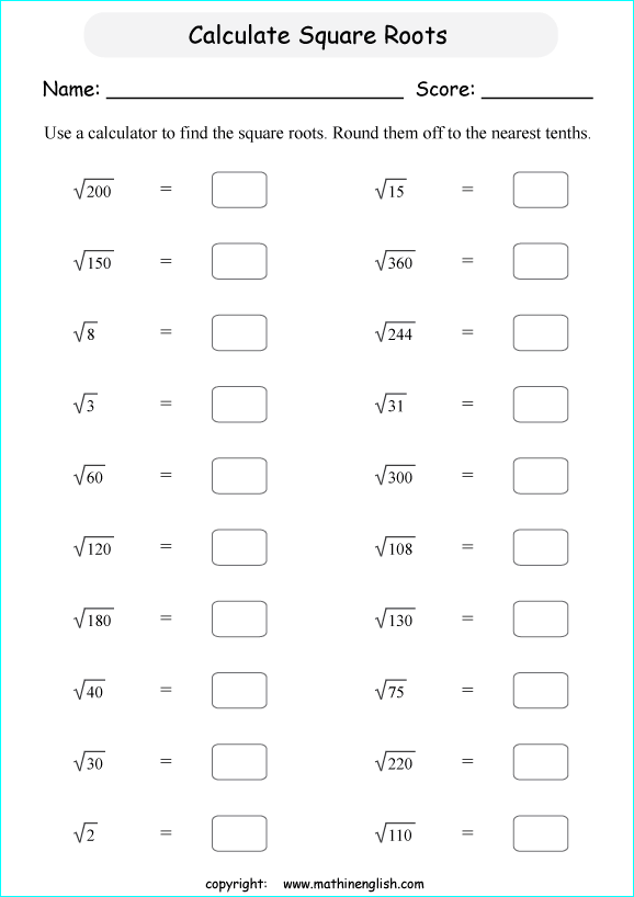 finding square roots math worksheets for grade 1 to 6 