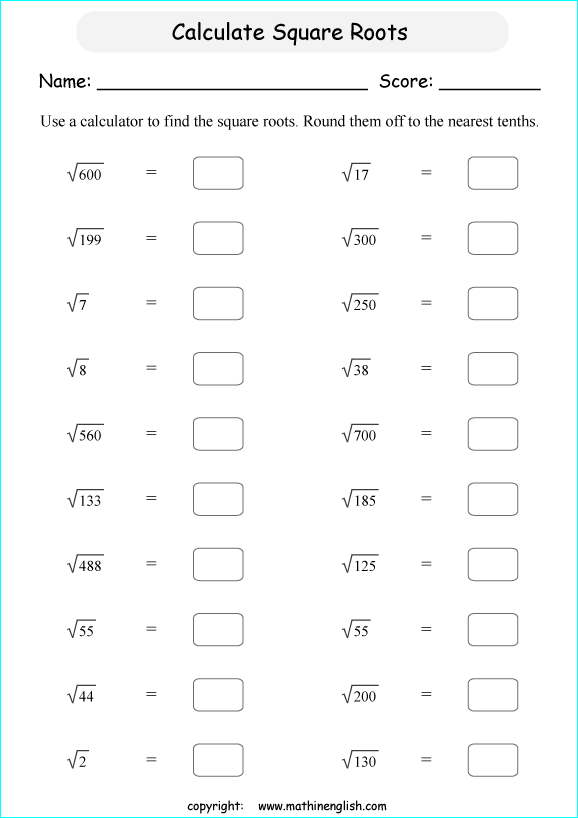 finding square roots math worksheets for grade 1 to 6 