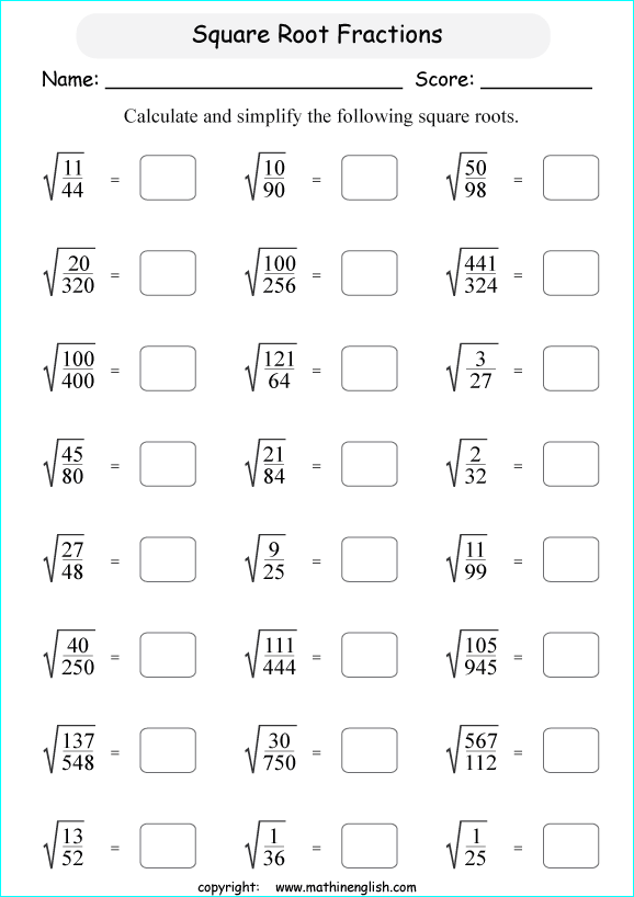 square roots of fractions math worksheets for grade 1 to 6 