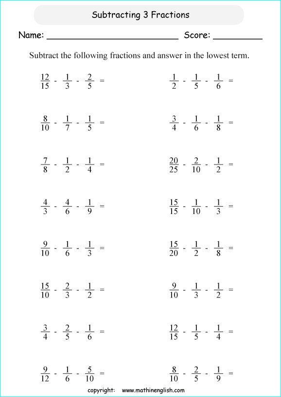 printable math unlike fraction subtraction worksheets for kids in primary and elementary math class 