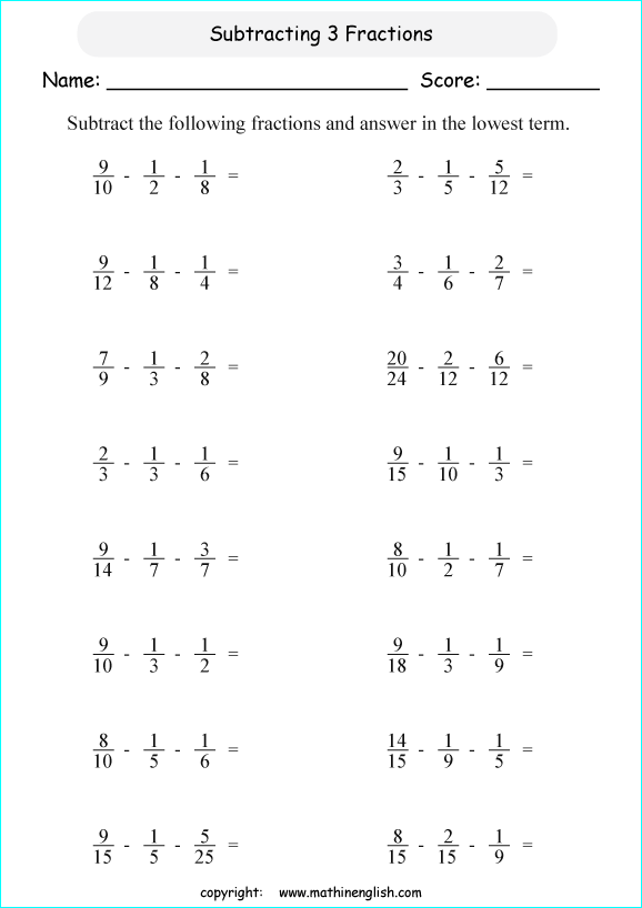 printable math unlike fraction subtraction worksheets for kids in primary and elementary math class 