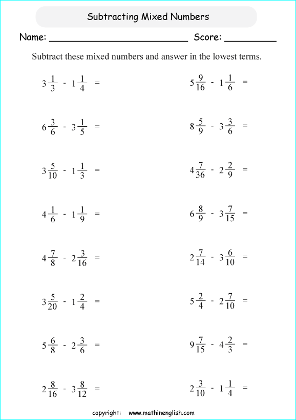 Add Subtract Mixed Numbers Worksheet Tes