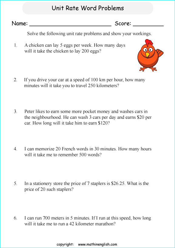 unit rates proportions math worksheets for grade 1 to 6 