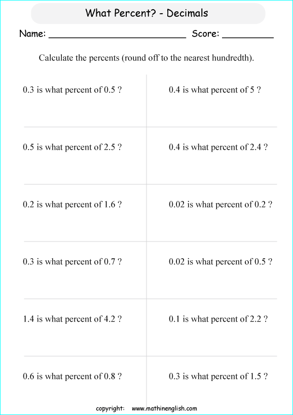 percentage decimals conversion math worksheets for grade 1 to 6 