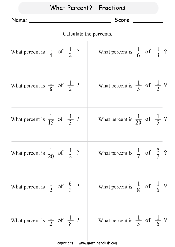 percentage of fractions math worksheets for grade 1 to 6 