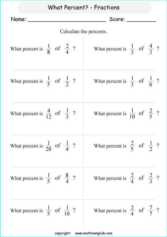 percentage of fractions math worksheets for grade 1 to 6 
