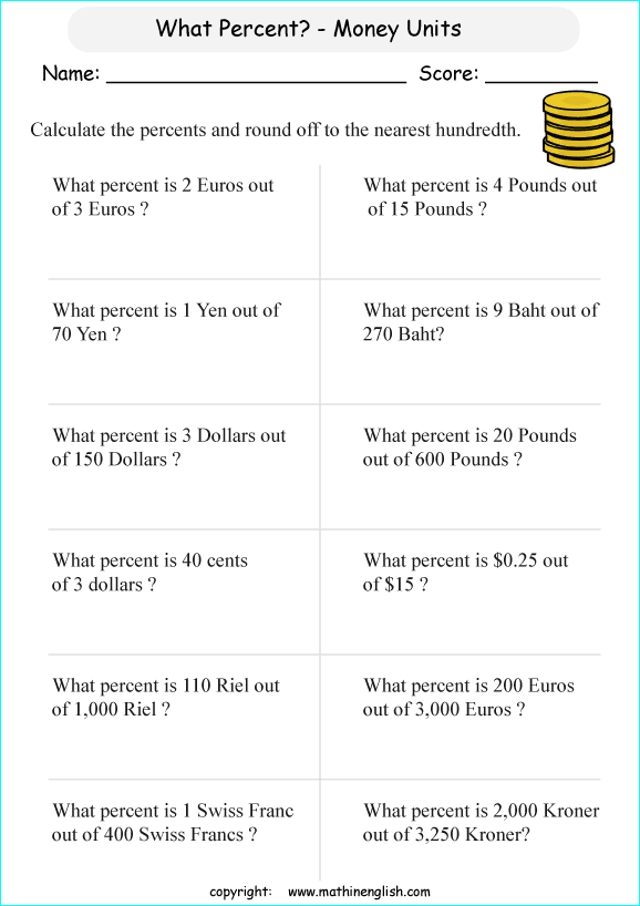 what percent math worksheets for grade 1 to 6 