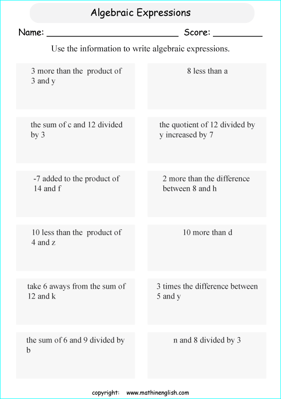 Writing Phrases As Algebraic Expressions Worksheet