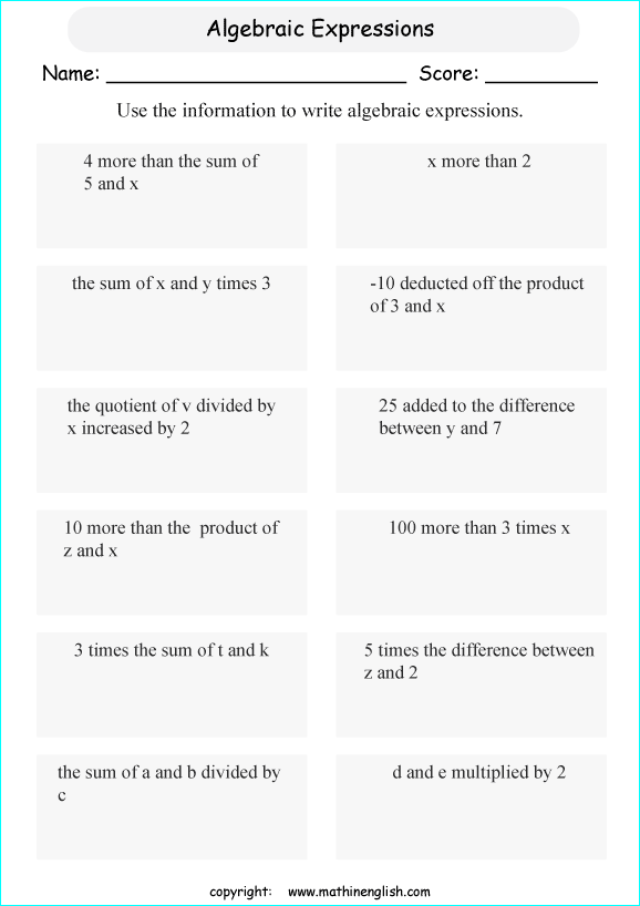 writing algebraic expressions worksheets for primary math