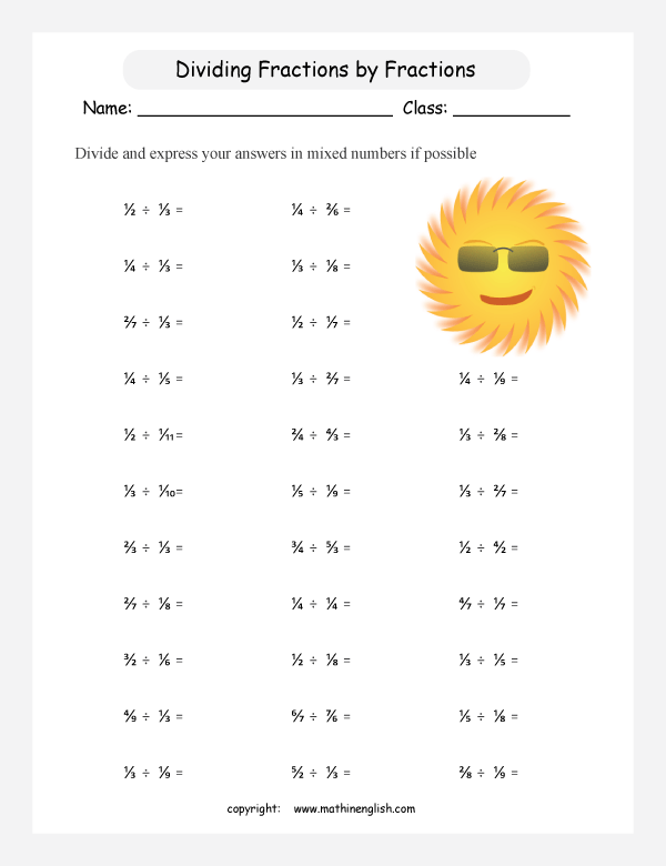 printable dividing fractions worksheets for kids in primary and elementary math class 