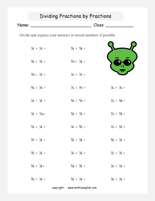 printable math dividing fractions worksheets for kids in primary and elementary math class 