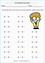 printable dividing fractions worksheets for kids in primary and elementary math class 