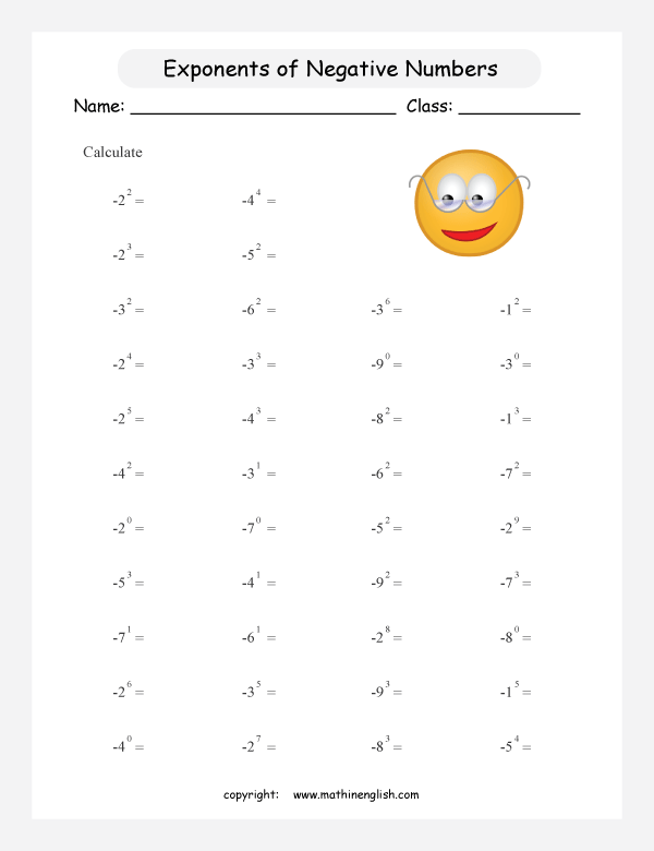  exponents of negative numbers math worksheets for grade 1 to 6 