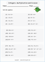 math worksheets with integers and negative numbers for primary students