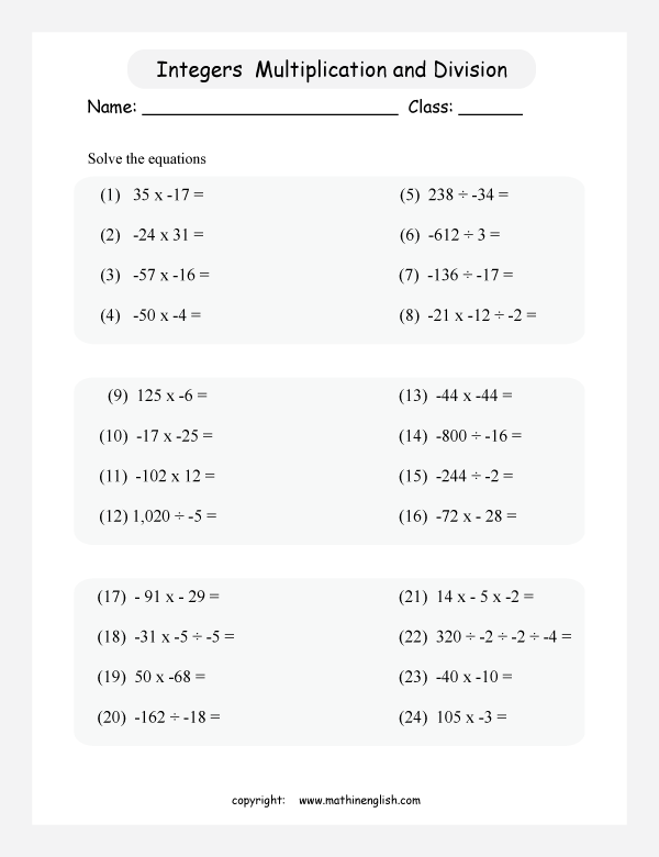 Equations With Negative Numbers Worksheet