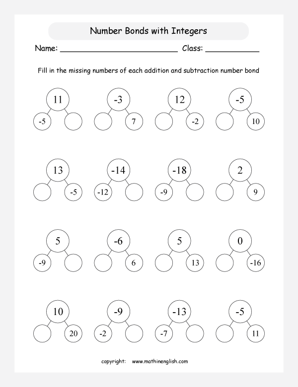 addition subtraction of integers worksheets for primary math