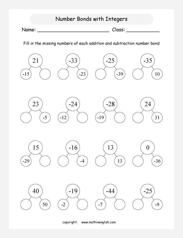 addition subtraction of integers worksheets for primary math