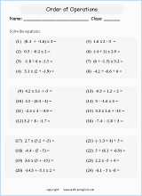 order of operations with positve integers and parentheses worksheets for grade 1 to 6 