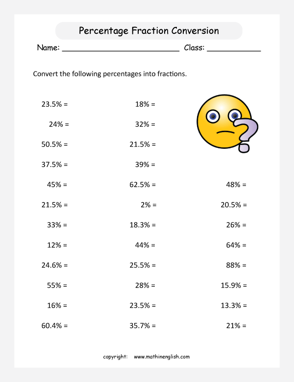 percentage  fractions conversion math worksheets for grade 1 to 6 