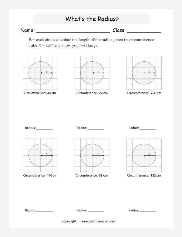 Calculate the radius of these circles given their circumference.
Challenging sixth grade math