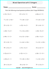 mixed operation with integers worksheets for primary math