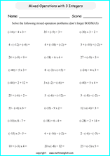 mixed operation with integers worksheets for primary math