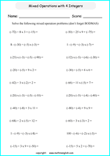 mixed operation with integers worksheets for primary math