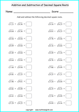 square roots of decimals math worksheets for grade 1 to 6 