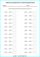 square roots of decimals math worksheets for grade 1 to 6 