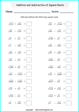 adding and subtracting square roots math worksheets for grade 1 to 6 