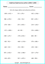 printable math integer subtraction worksheets for kids in primary and elementary math class 