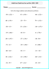 printable math integer subtraction worksheets for kids in primary and elementary math class 