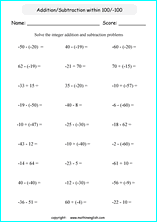 printable math integer subtraction worksheets for kids in primary and elementary math class 