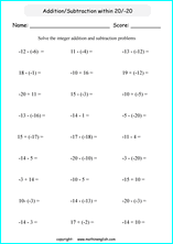 printable math integer subtraction worksheets for kids in primary and elementary math class 