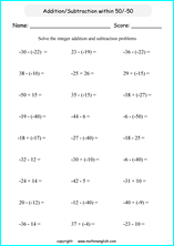 printable math integer subtraction worksheets for kids in primary and elementary math class 