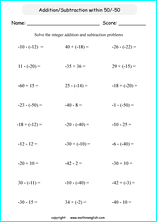 printable math integer subtraction worksheets for kids in primary and elementary math class 