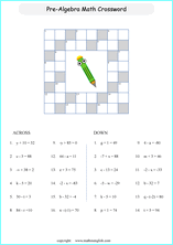 pre algebraic crossword puzzles worksheets for primary math