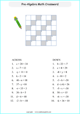 pre algebraic crossword puzzles worksheets for primary math