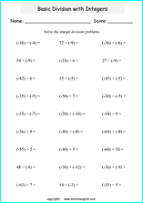 printable math dividing integers worksheets for kids in primary and elementary math class 