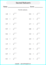 square roots of decimals math worksheets for grade 1 to 6 