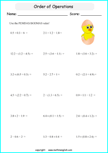 order of operations with fractions worksheets for grade 1 to 6 