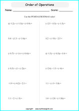 order of operations with fractions worksheets for grade 1 to 6 