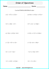 order of operations with fractions worksheets for grade 1 to 6 