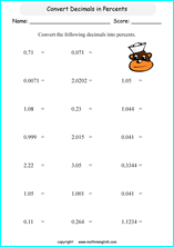 decimal into percents worksheets for grade 1 to 6 