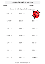 percentage decimals conversion math worksheets for grade 1 to 6 